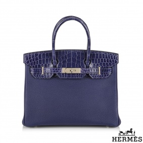 Hermes Birkin Bag 30cm Touch Blue Marine Crocodile Black Leather Palladium  Hardware